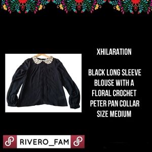 XHILARATION | BLK LONG SLEEVE W/ A FLORAL CROCHET PETER PAN COLLAR | SIZE MEDIUM